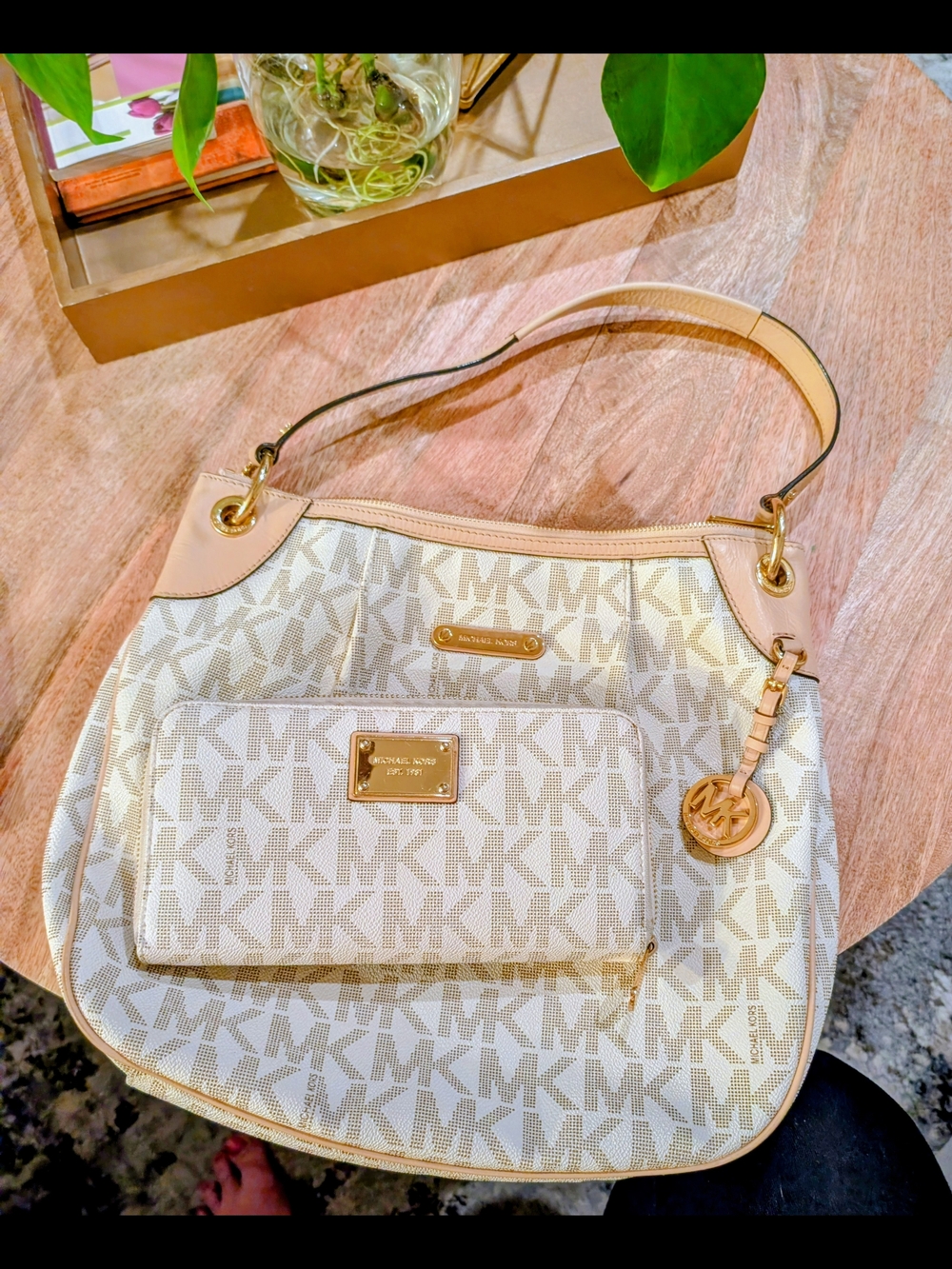 Michael Kors Cream Logo Shoulder Hobo with Gold Hardware & Large Wallet